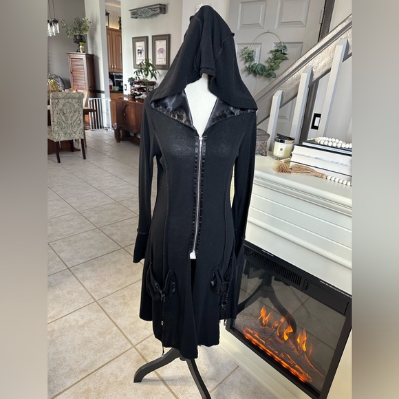 Long Hooded Jacket Goth Satin Lined Silver Zip Up Cardigan Pockets Flare Punk M - Picture 2 of 8